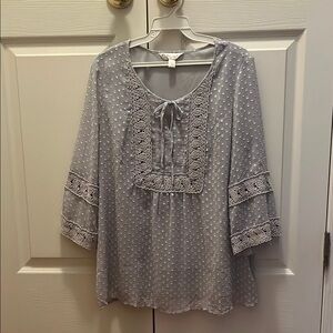 Krazy Kat Gray Bell Sleeve Blouse with Tie Front and Bib Collar